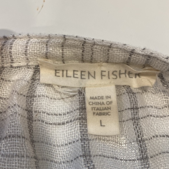 Eileen Fisher White Linen Popover Tunic with Gray Stripes and  3/4 Sleeves - Picture 6 of 11